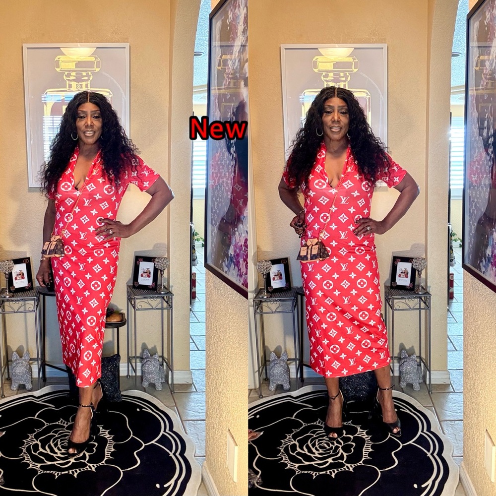 Chic Red Patterned Midi Dress